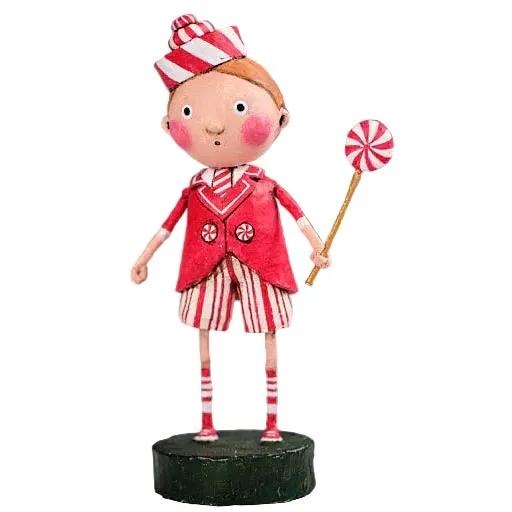 Lori Mitchell 6.5-inch Peppermint Pete figurine in a red and white candy-themed outfit holding a lollipop.