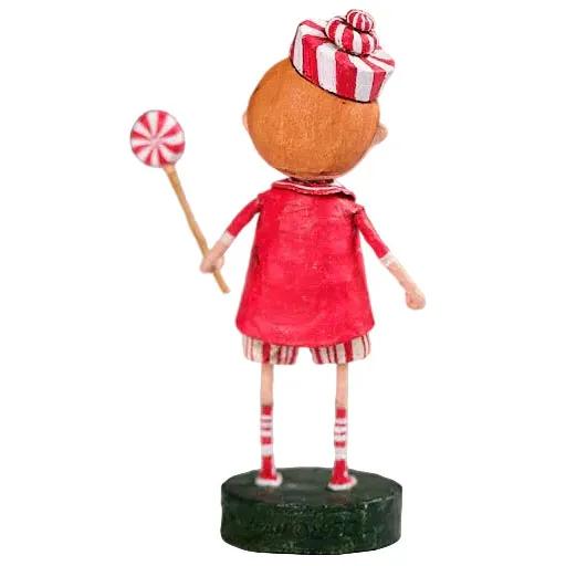 Lori Mitchell Peppermint Pete 6.5-inch poly resin figurine holding a candy cane lollipop in a red and white outfit.