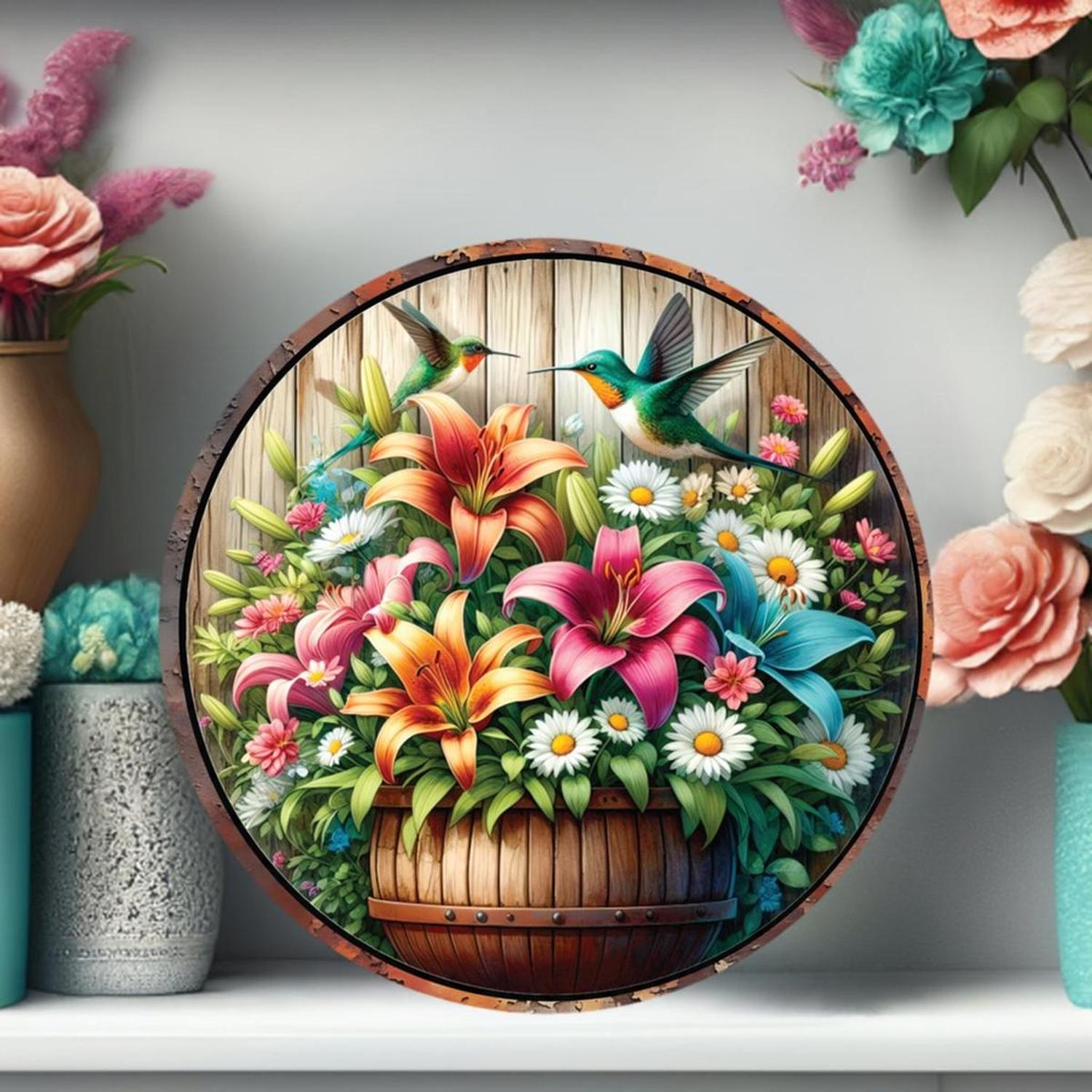 Tropical Floral Hummingbird Round Sign