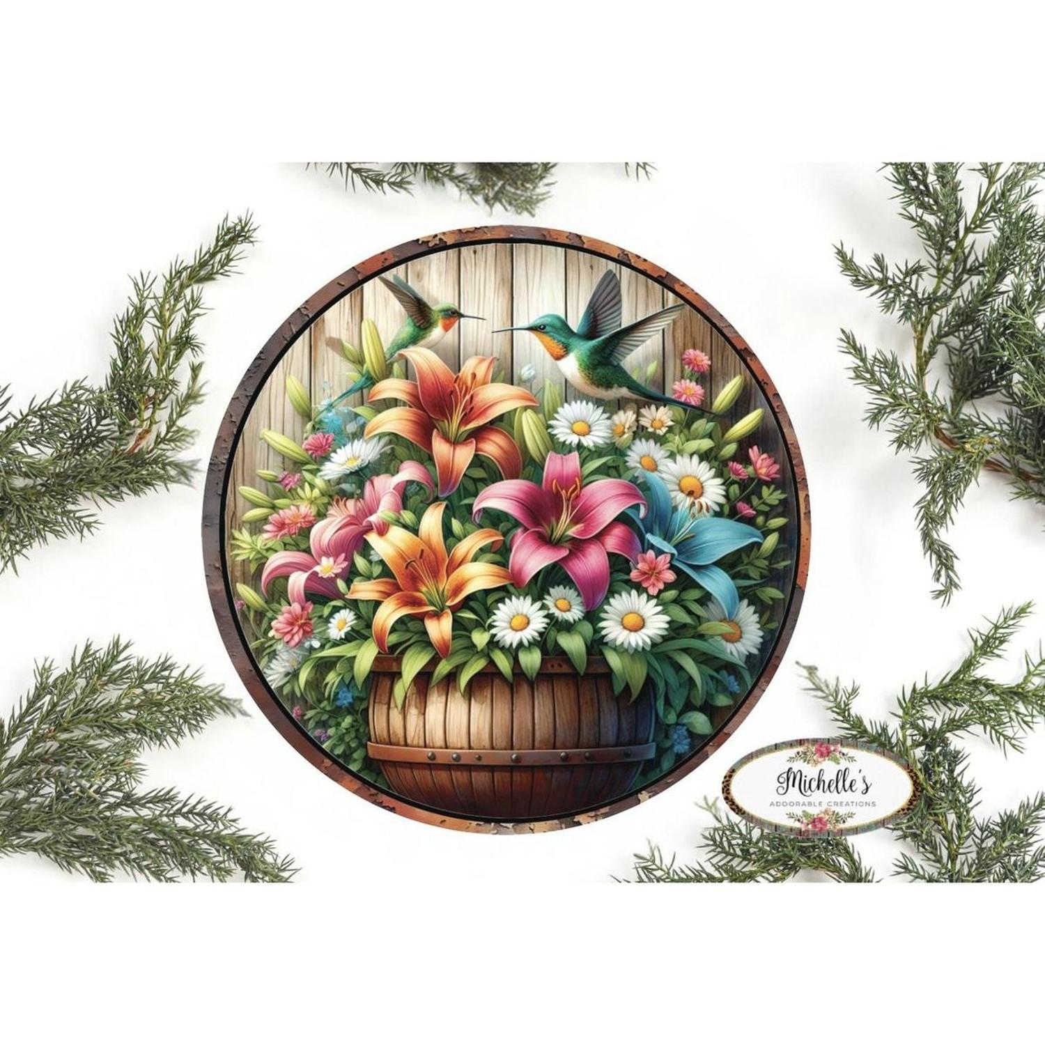 Tropical Floral Hummingbird Round Sign
