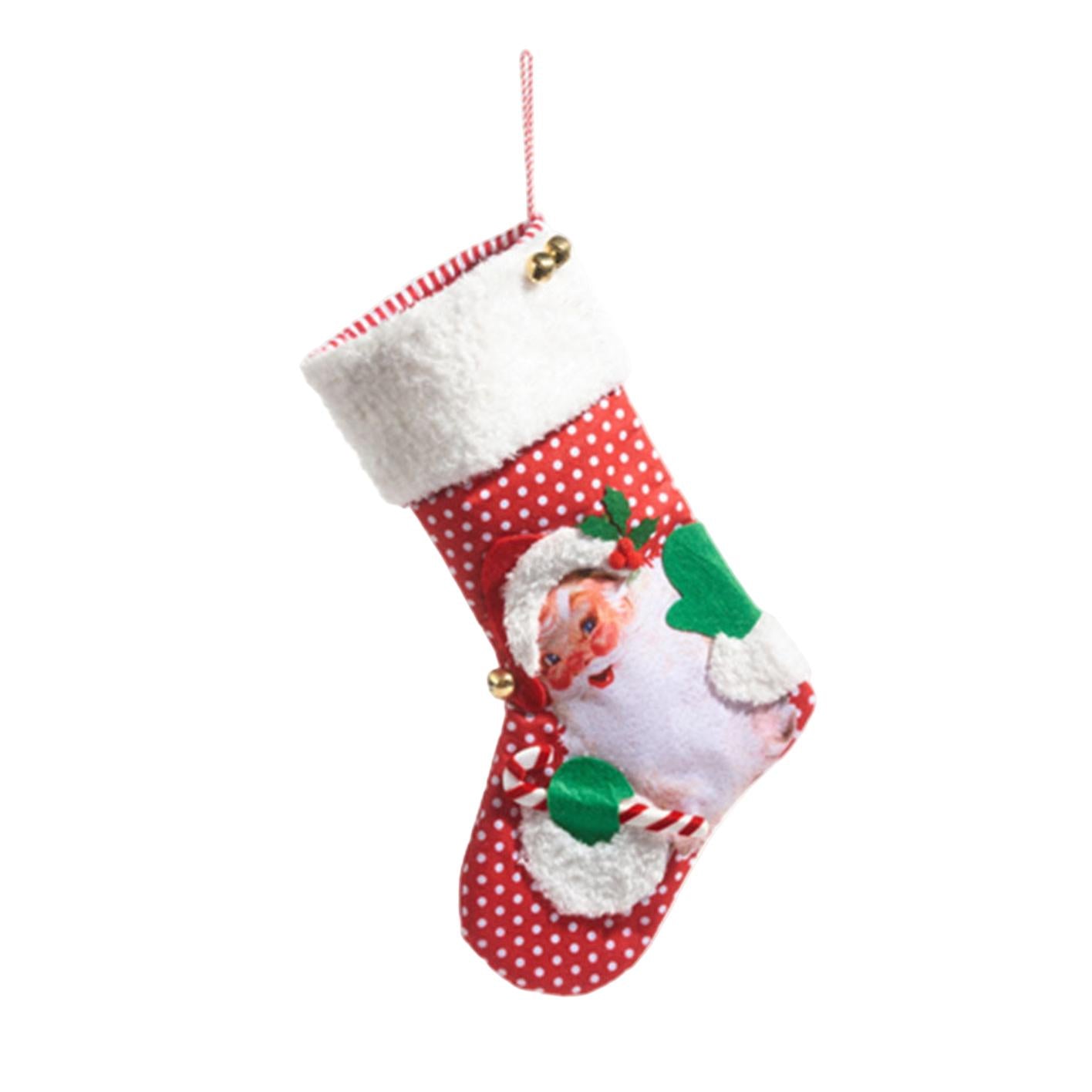 19-inch red and white polka dot Christmas stocking featuring a vintage Santa design with a soft faux fur cuff.