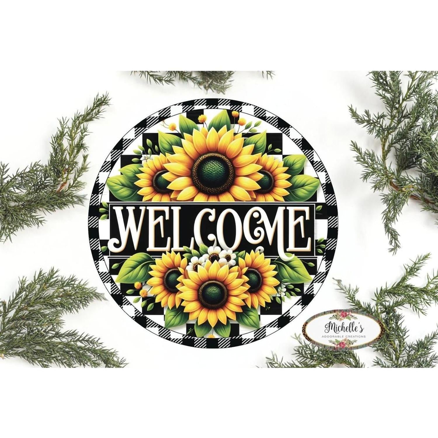 Shop For Welcome Black Check Sunflower Round Sign at Michelle's aDOORable Creations