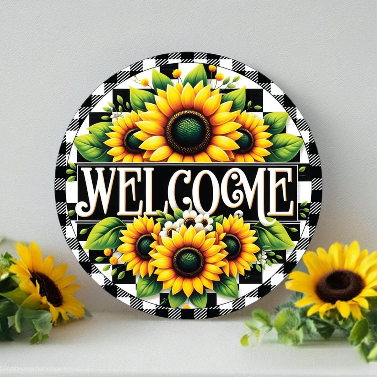 Shop For Welcome Black Check Sunflower Round Sign at Michelle's aDOORable Creations