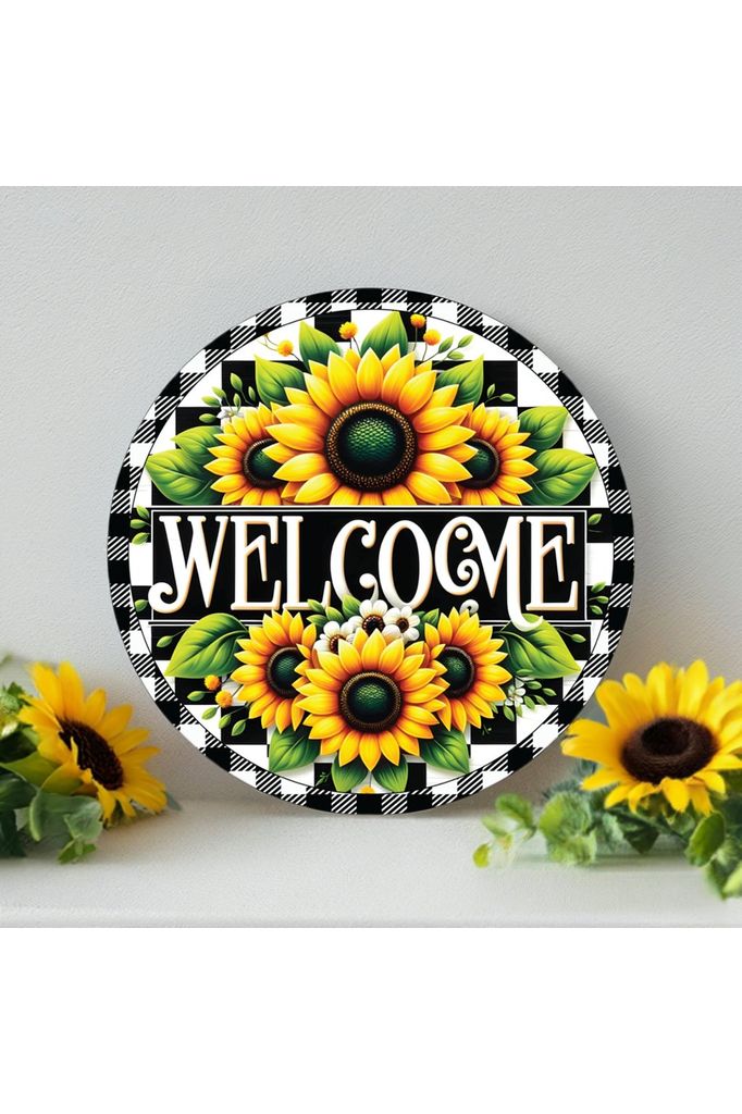 Shop For Welcome Black Check Sunflower Round Sign at Michelle's aDOORable Creations