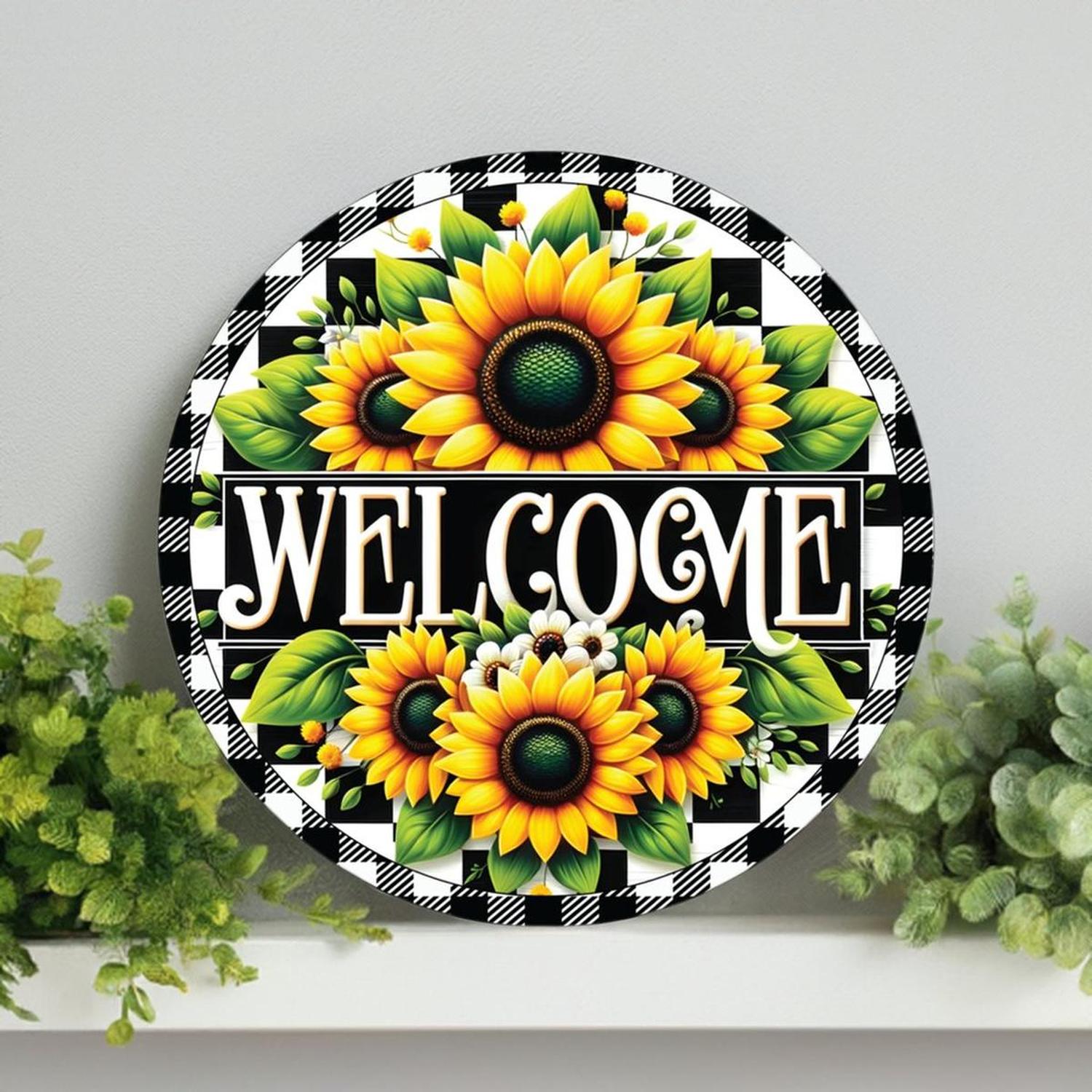 Welcome Black Check Sunflower Round Sign