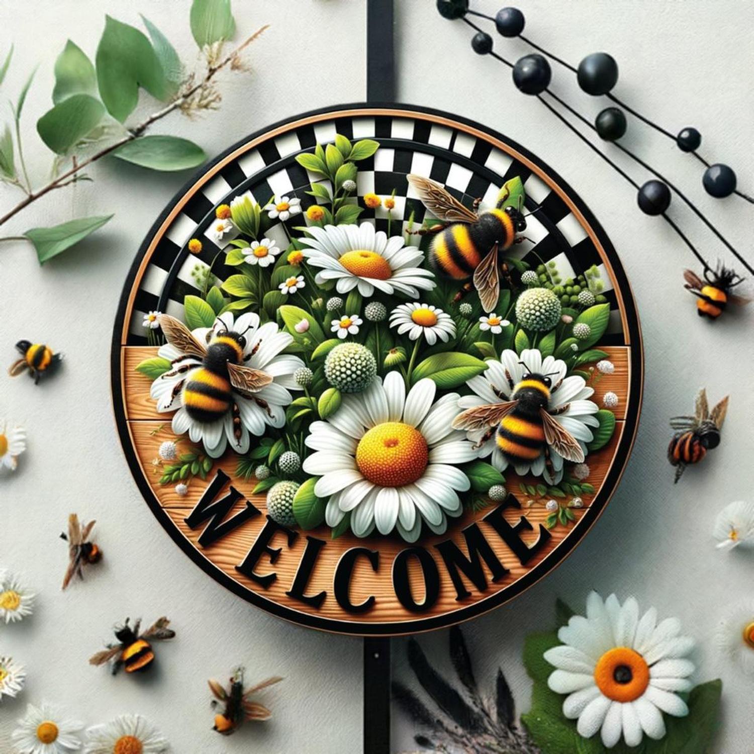 Welcome Bumblebee Daisy Round Sign