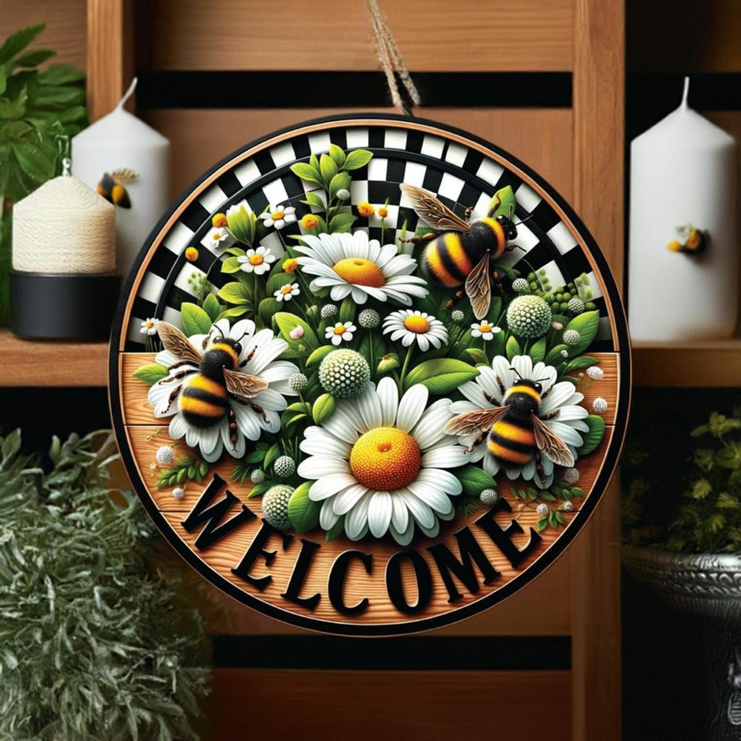 Shop For Welcome Bumblebee Daisy Round Sign at Michelle's aDOORable Creations