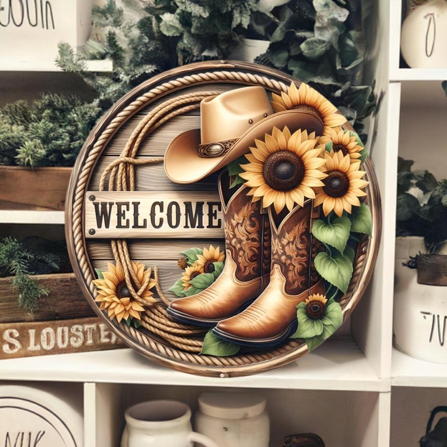 Welcome Cowboy Boots Sunflower Round Sign