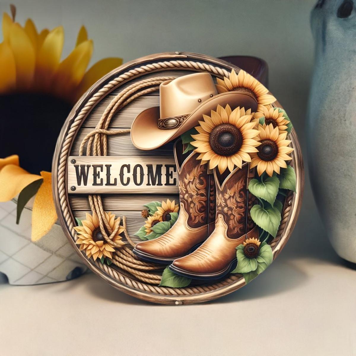 Shop For Welcome Cowboy Boots Sunflower Round Sign at Michelle's aDOORable Creations