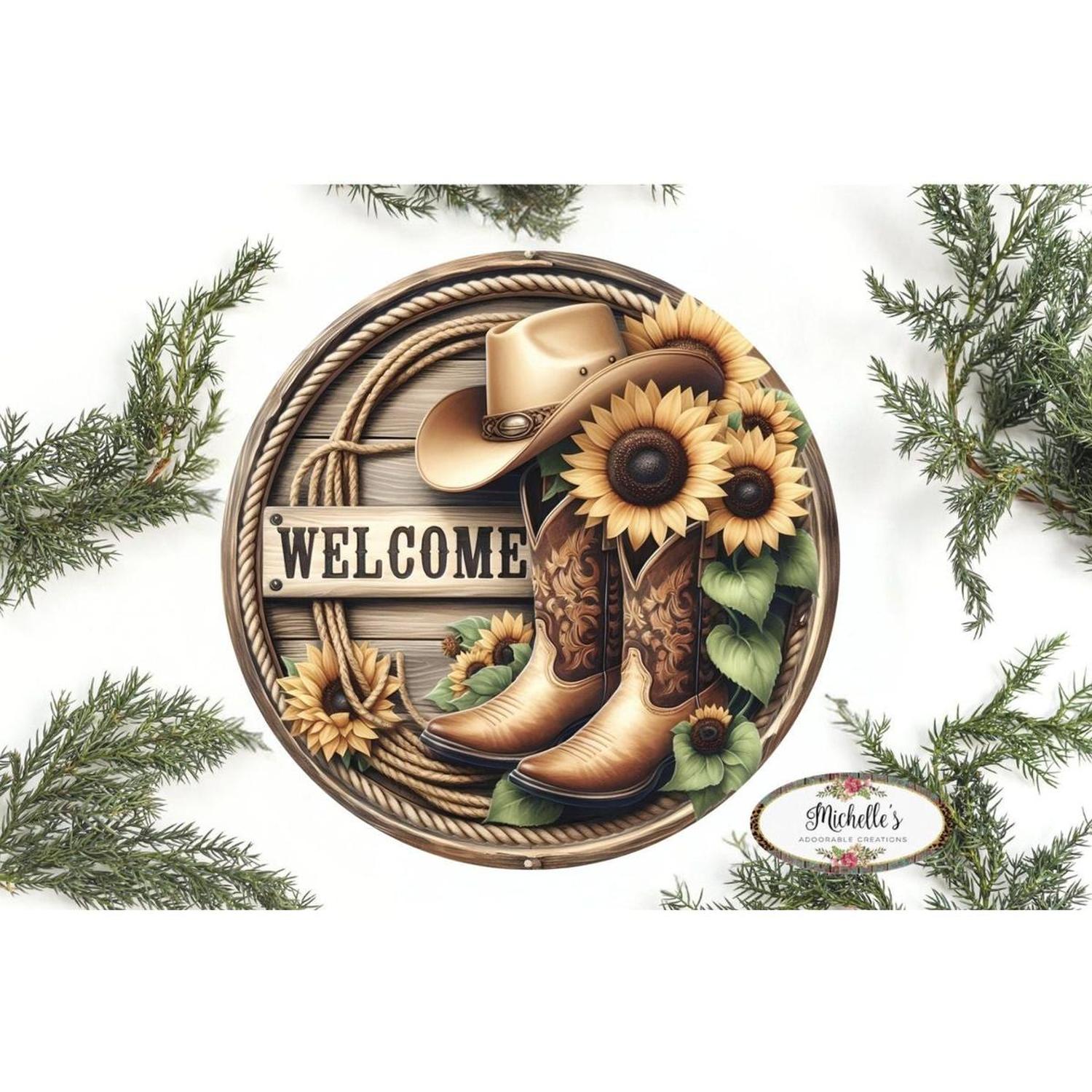 Welcome Cowboy Boots Sunflower Round Sign