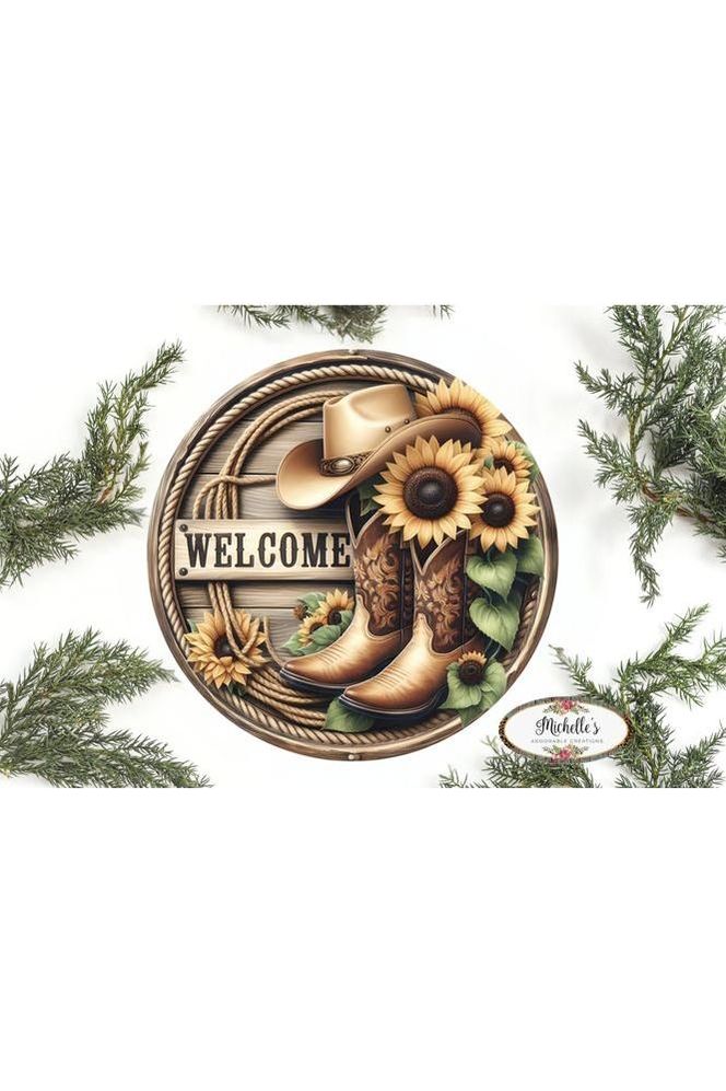 Shop For Welcome Cowboy Boots Sunflower Round Sign at Michelle's aDOORable Creations