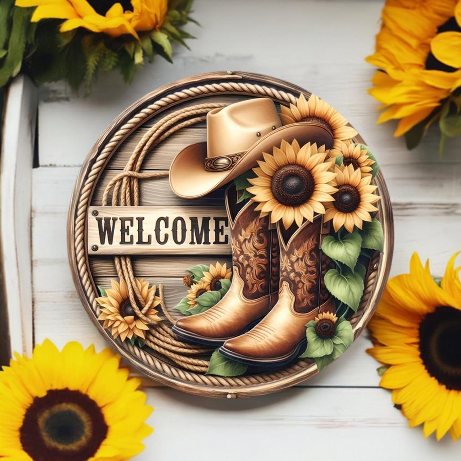 Welcome Cowboy Boots Sunflower Round Sign