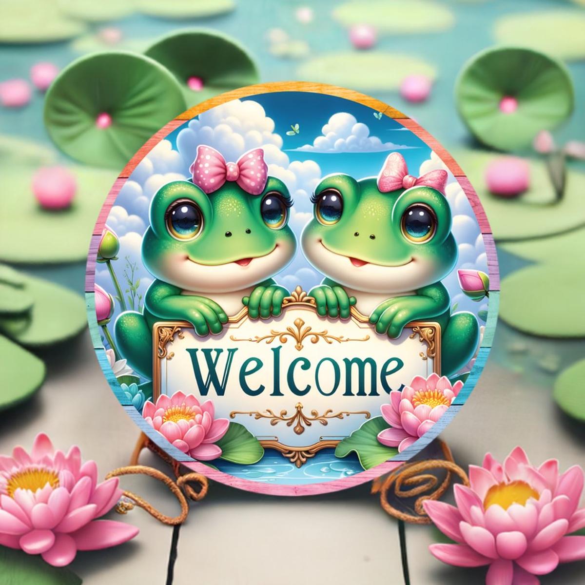 Shop For Welcome Double Frog Round Sign at Michelle's aDOORable Creations