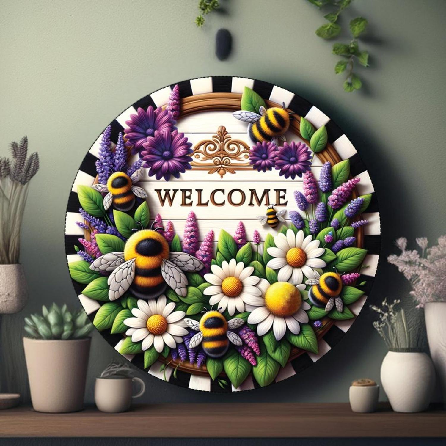 Welcome Floral Bumblebee Round Sign