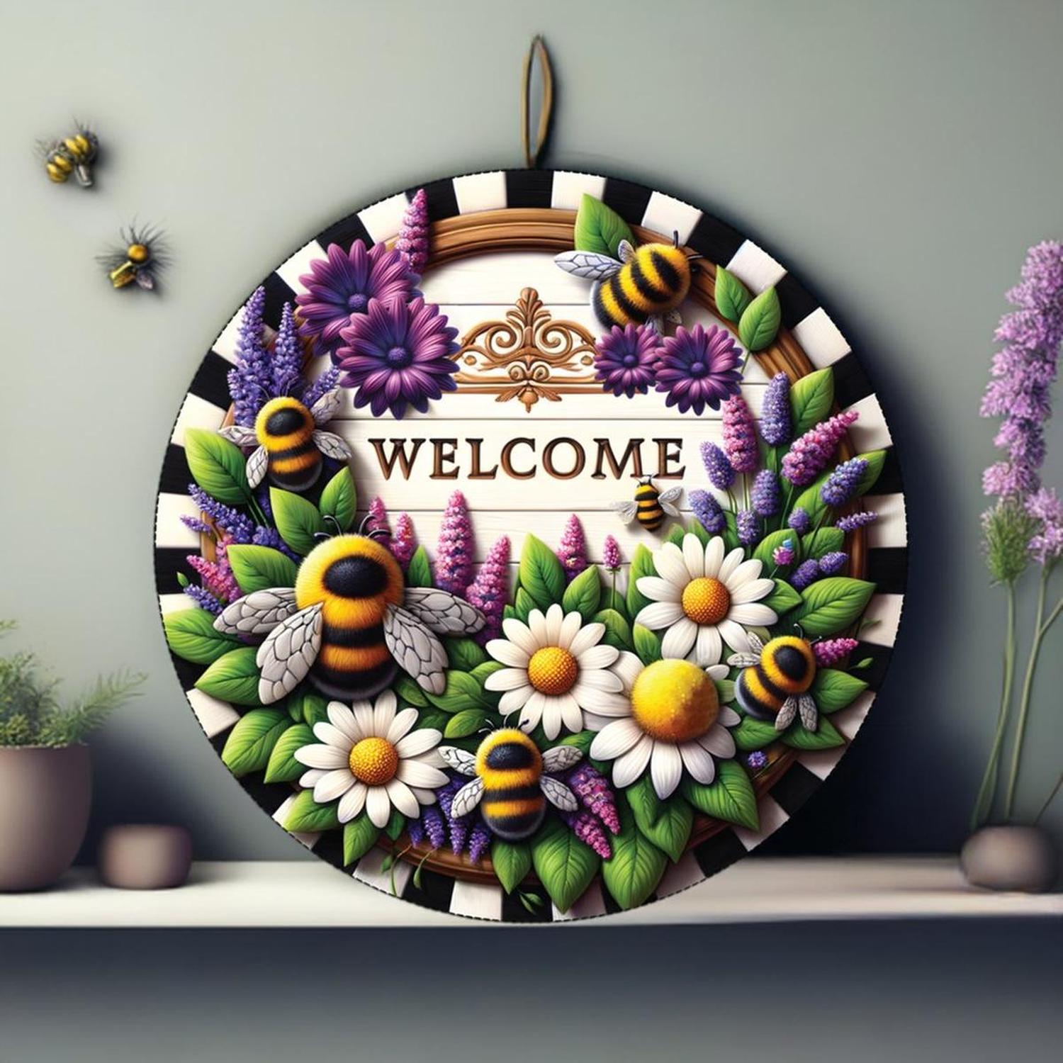 Welcome Floral Bumblebee Round Sign