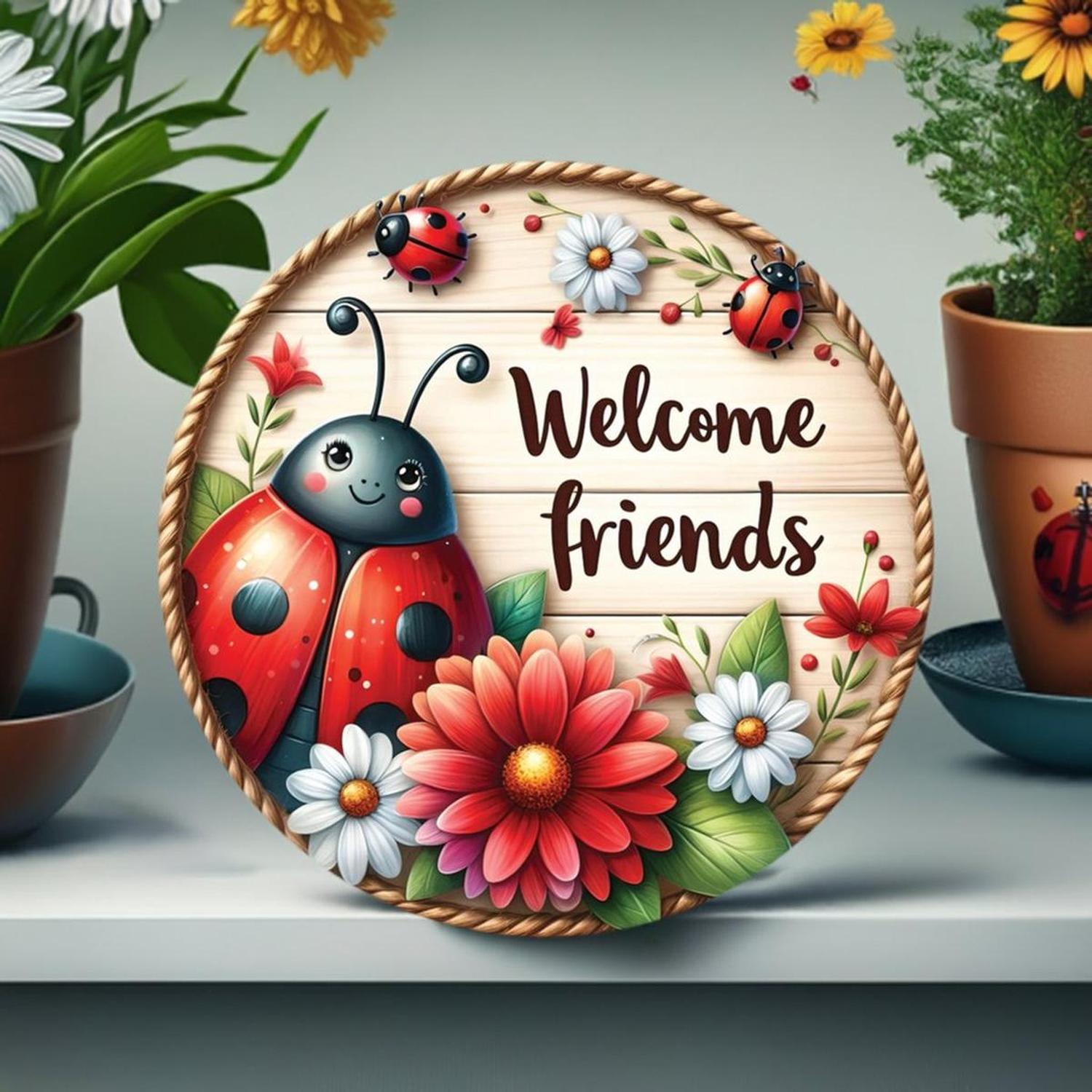 Shop For Welcome Friends Ladybug Round Sign at Michelle's aDOORable Creations