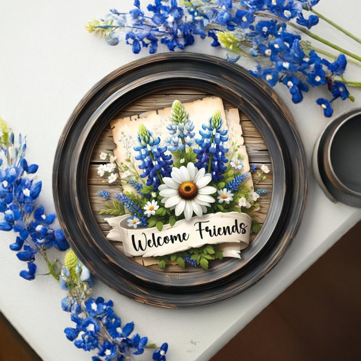 Shop For Welcome Friends Rustic Bluebonnet Round Sign at Michelle's aDOORable Creations
