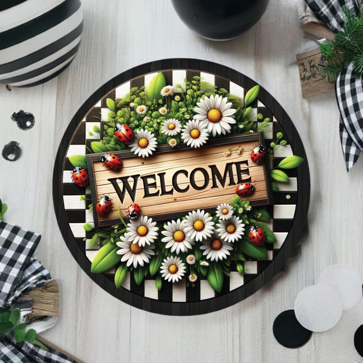 Shop For Welcome Ladybug Daisy Round Sign at Michelle's aDOORable Creations