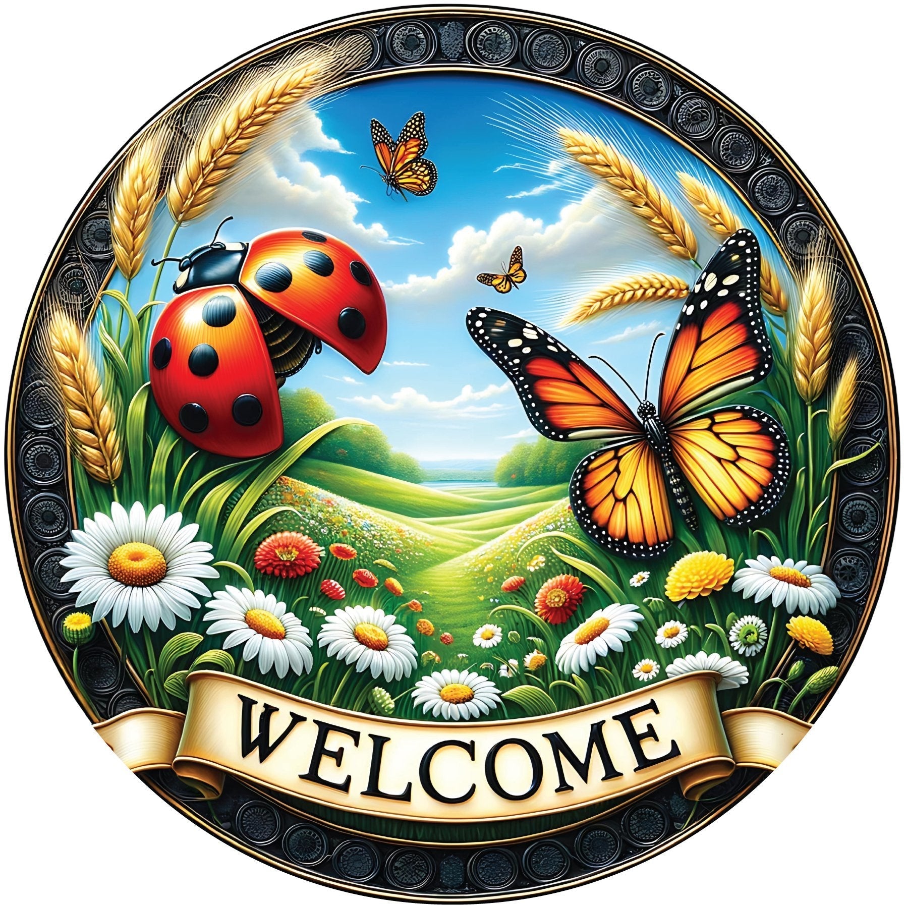 Shop For Welcome Ladybugs and Butterflies Round Sign at Michelle's aDOORable Creations