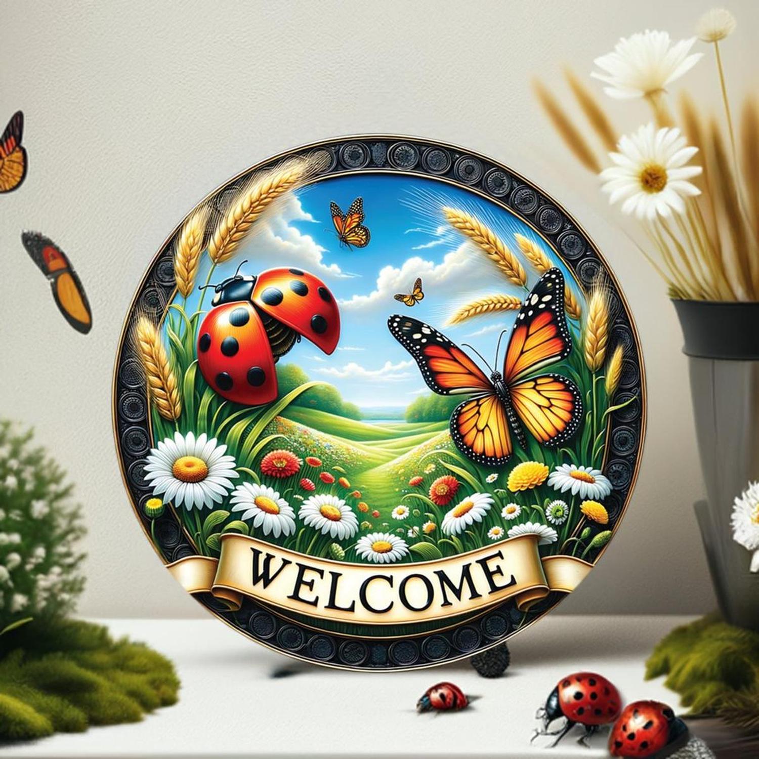 Welcome Ladybugs and Butterflies Round Sign