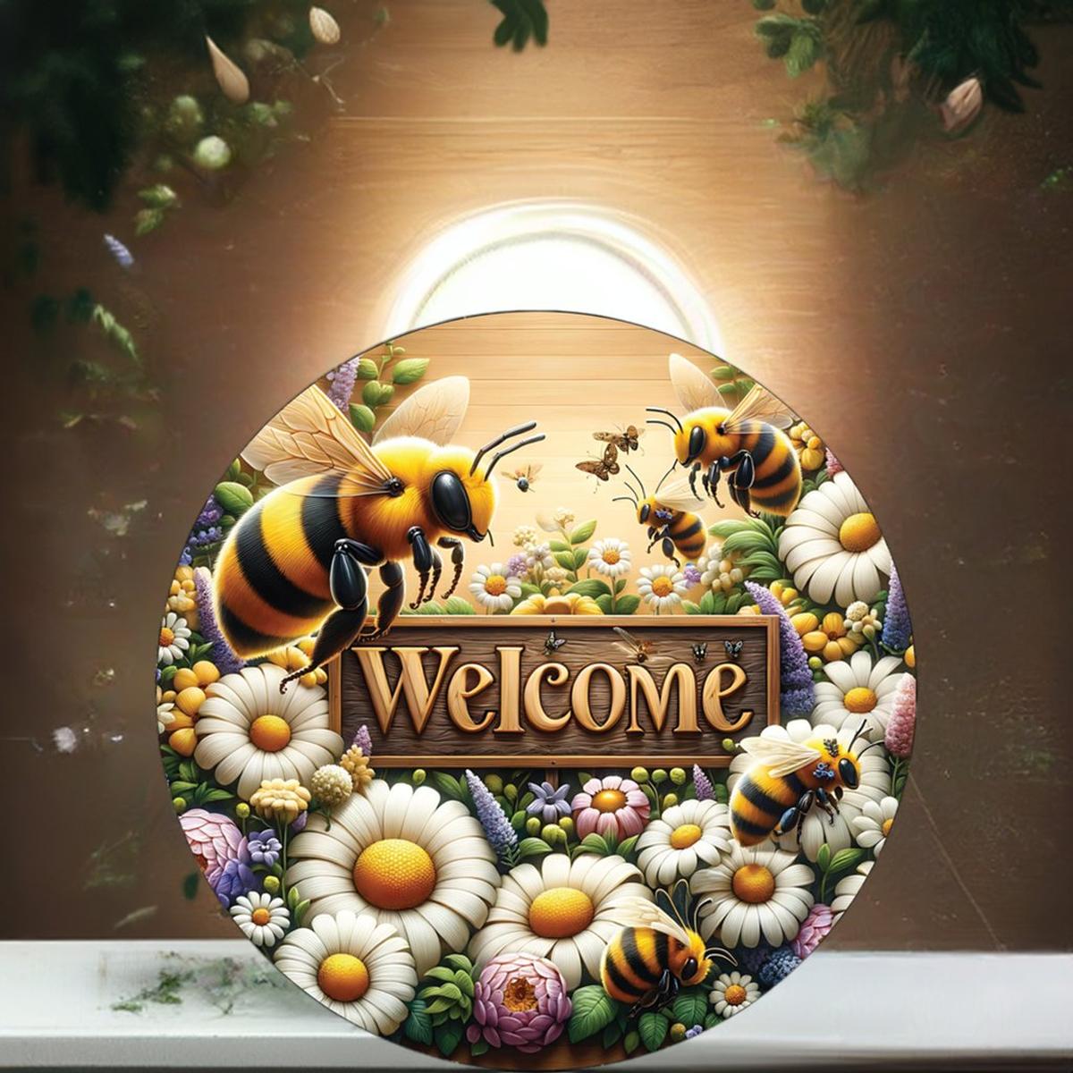 Shop For Welcome Large Bumblebee Daisy Round Sign at Michelle's aDOORable Creations