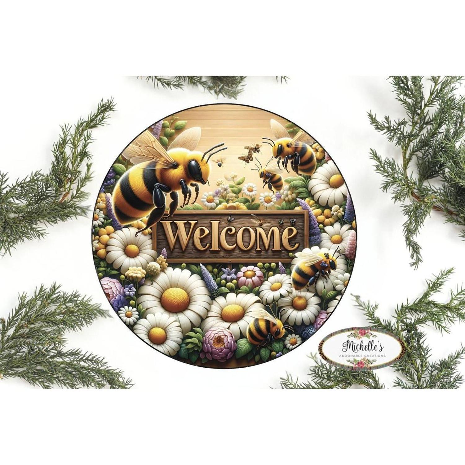 Shop For Welcome Large Bumblebee Daisy Round Sign at Michelle's aDOORable Creations