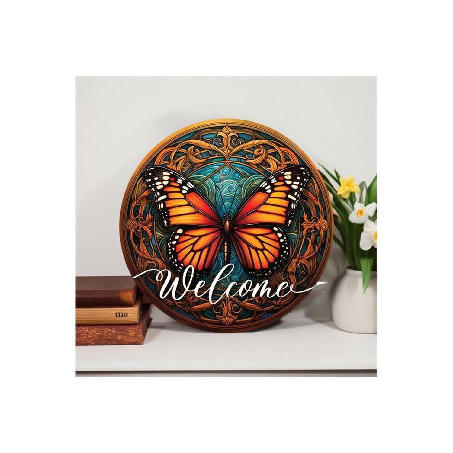 Shop For Welcome Monarch Orange Butterfly Round Sign at Michelle's aDOORable Creations