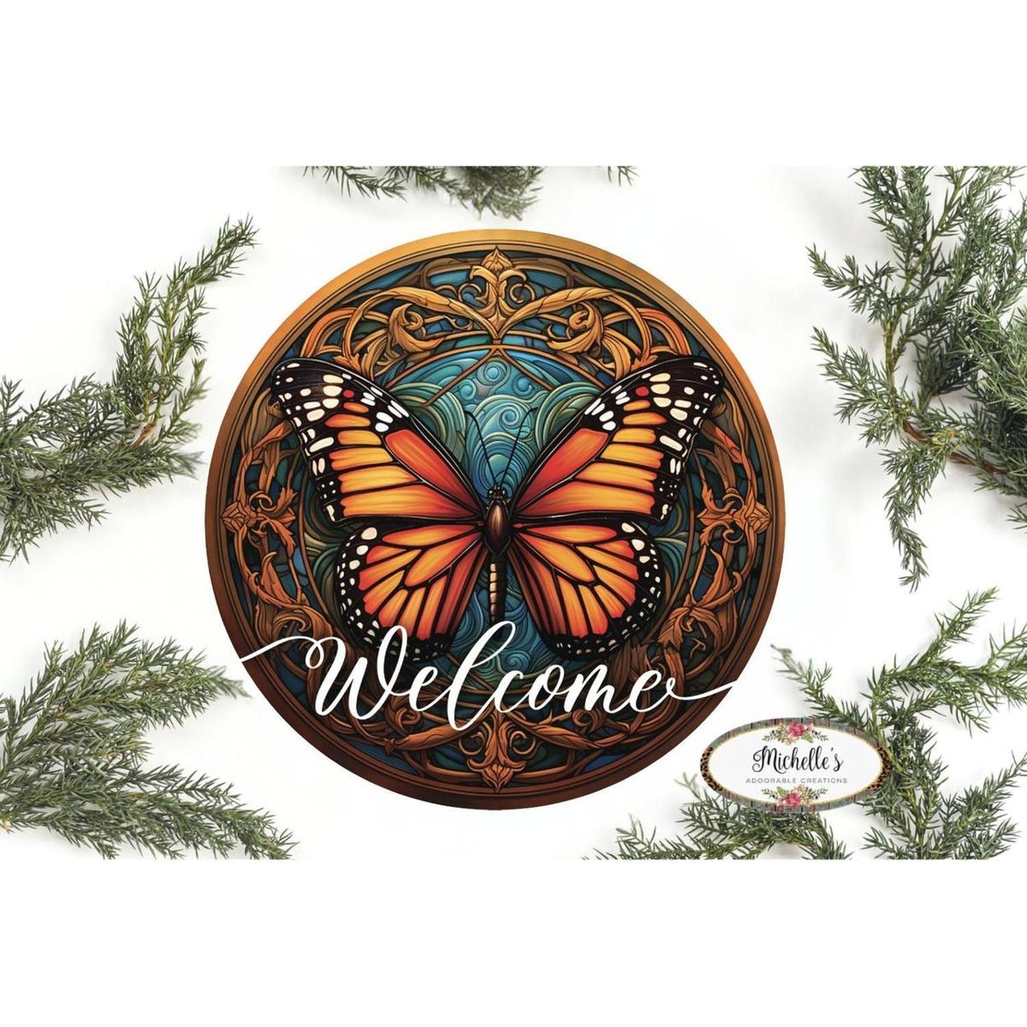 Welcome Monarch Orange Butterfly Round Sign