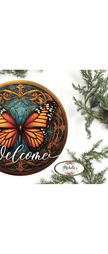 Welcome Monarch Orange Butterfly Round Sign - Michelle's aDOORable Creations - Signature Signs