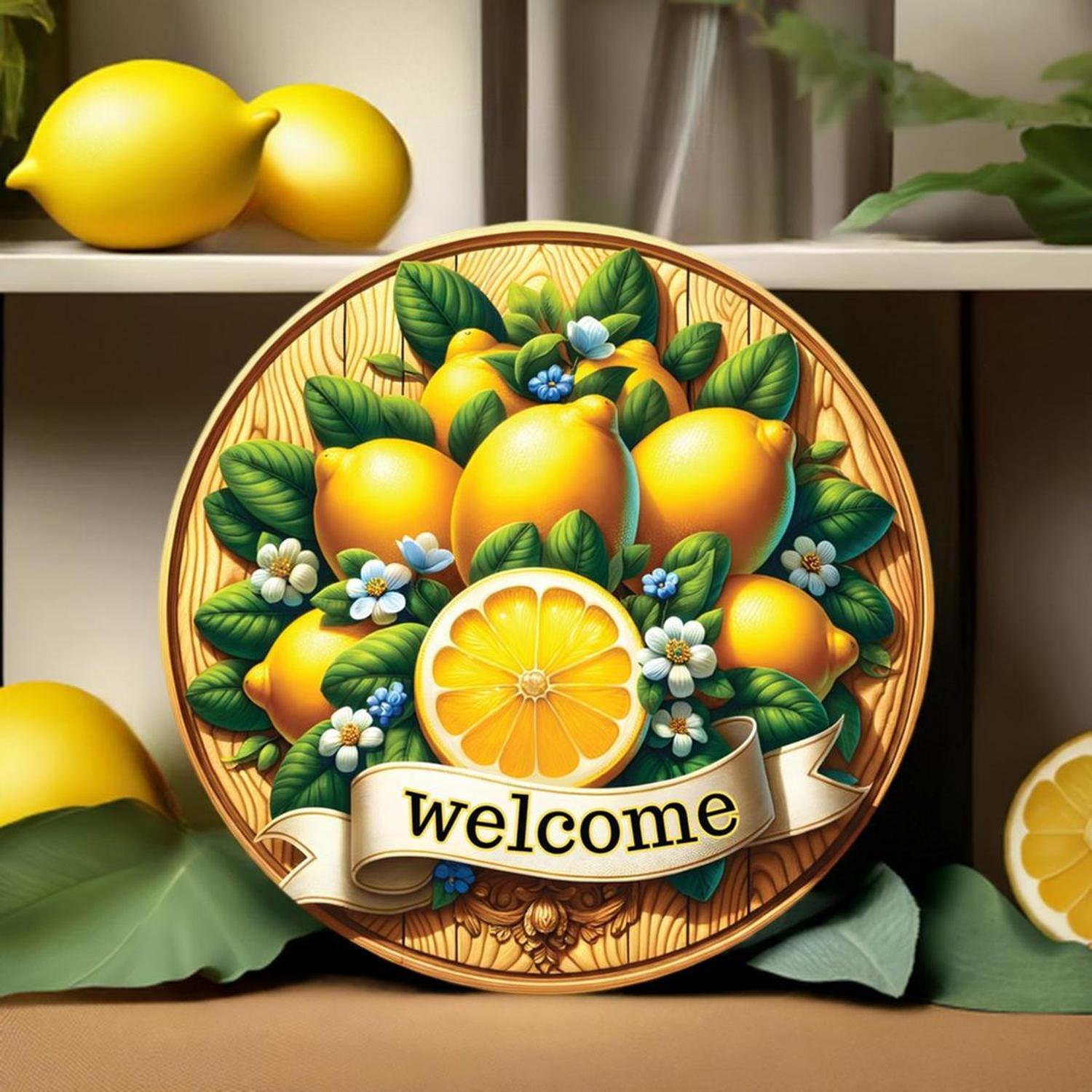 Welcome Wood Lemon Round Sign