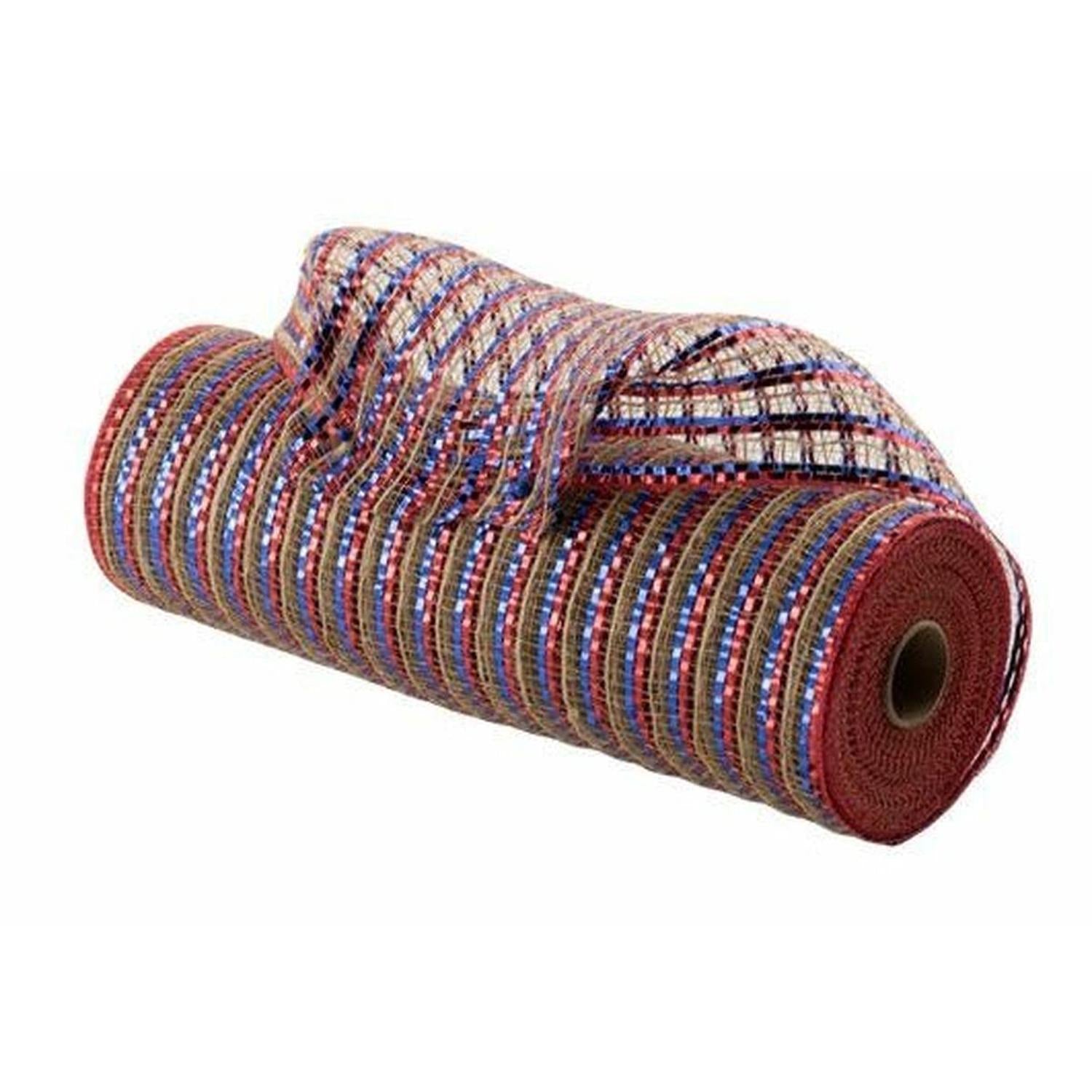 10" All Foil Thin Stripes Mesh Ribbon: Red, Natural, Blue (10 Yards)