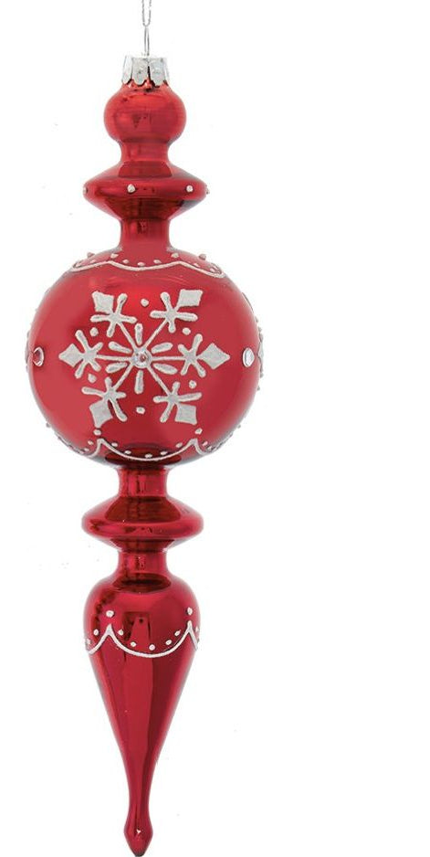 10" Glass Shiny Red Finial With Snowflake Pattern Ornament - Michelle's aDOORable Creations - Holiday Ornaments