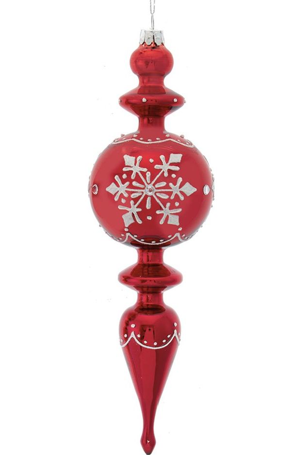 10" Glass Shiny Red Finial With Snowflake Pattern Ornament - Michelle's aDOORable Creations - Holiday Ornaments