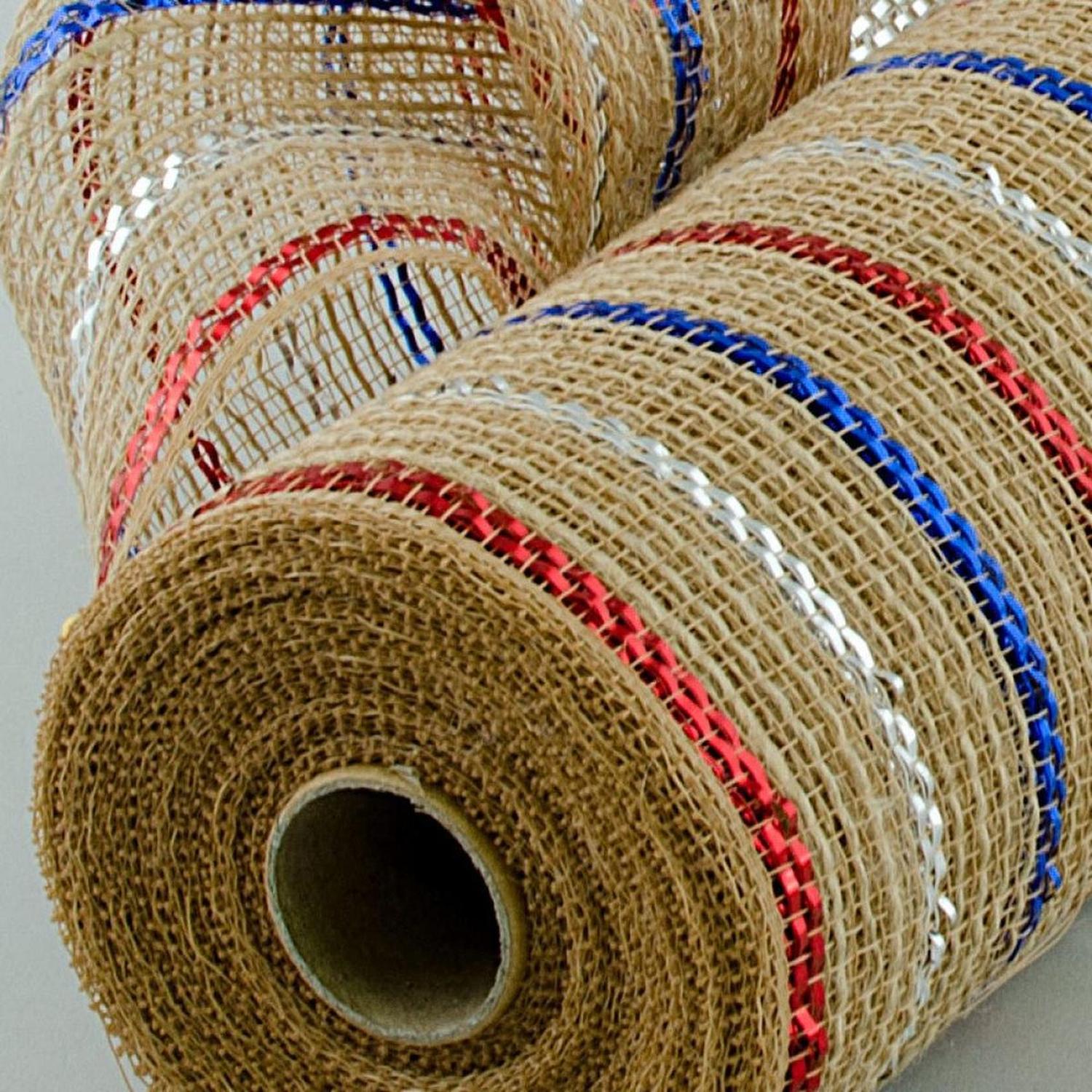 10" Poly Jute Deco Mesh Ribbon: Natural Patriotic Metallic Foil Stripes