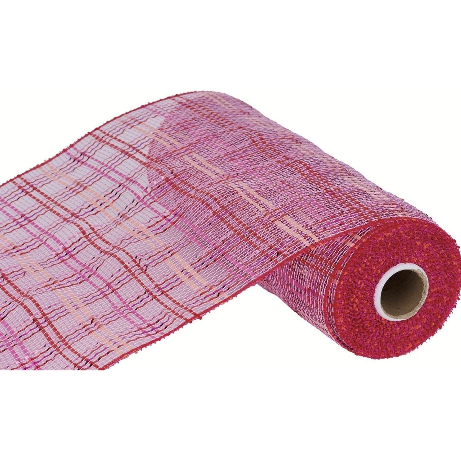 10" Vertical Foil Plaid Mesh Ribbon: Pink and Red (10 Yards)