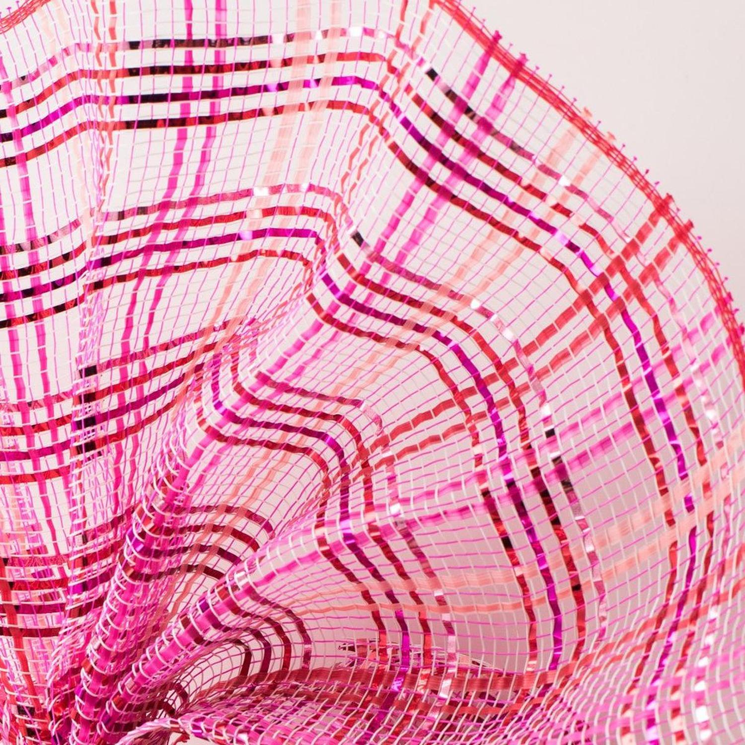 10" Vertical Foil Plaid Mesh Ribbon: Pink and Red (10 Yards)