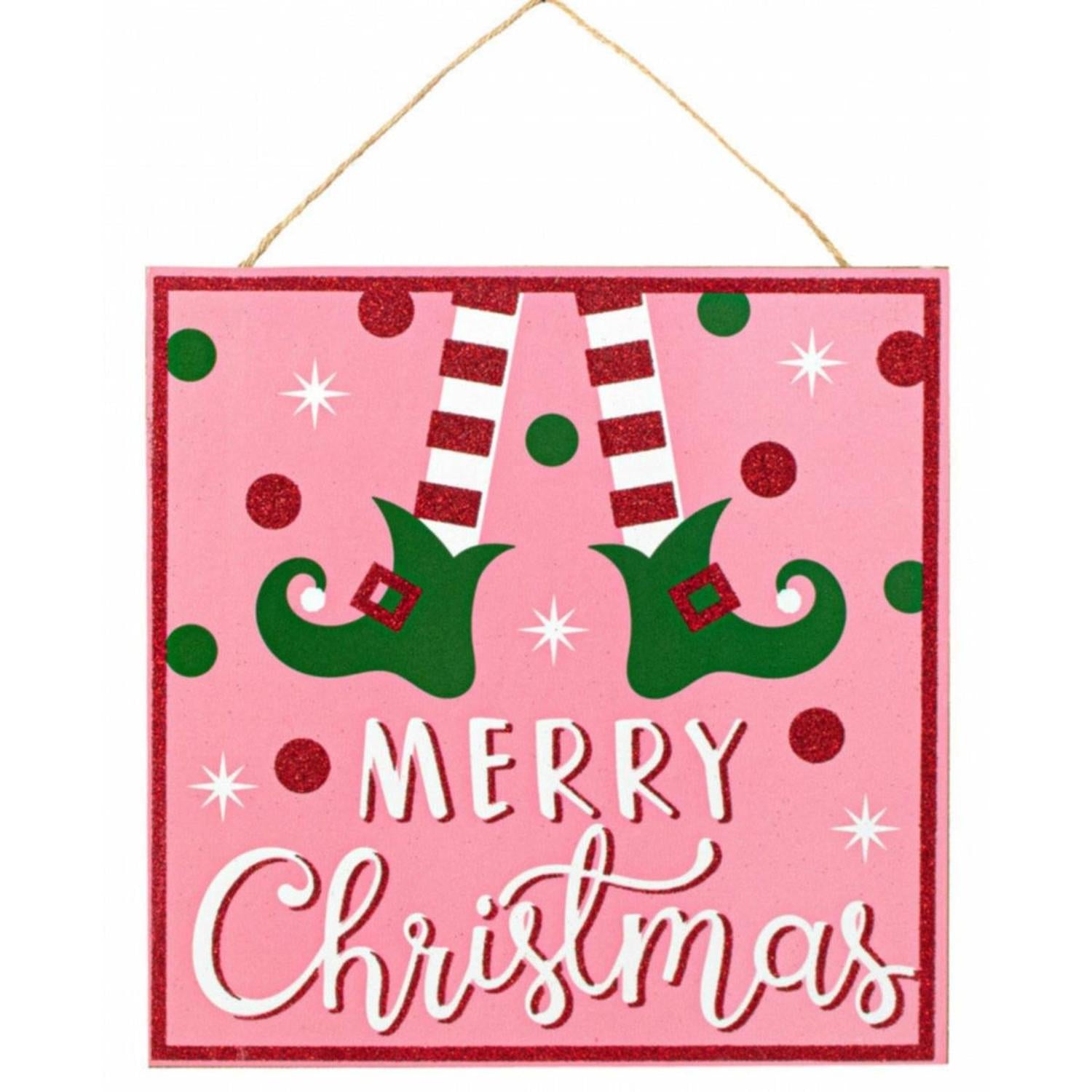 10" Wooden Elf Sign: Pink Merry Christmas