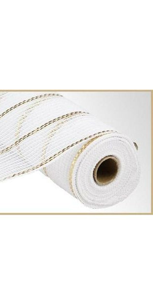 10.5" Poly Jute Matte Metallic Mesh: White/Gold (10 Yards) - Michelle's aDOORable Creations - Poly Deco Mesh