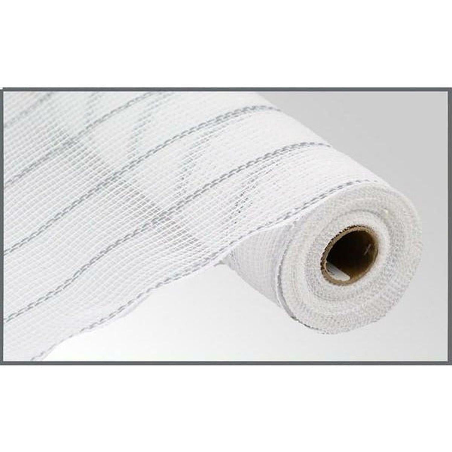 10.5" Poly Jute Matte Metallic Mesh Ribbon: White/Silver (10 Yards)