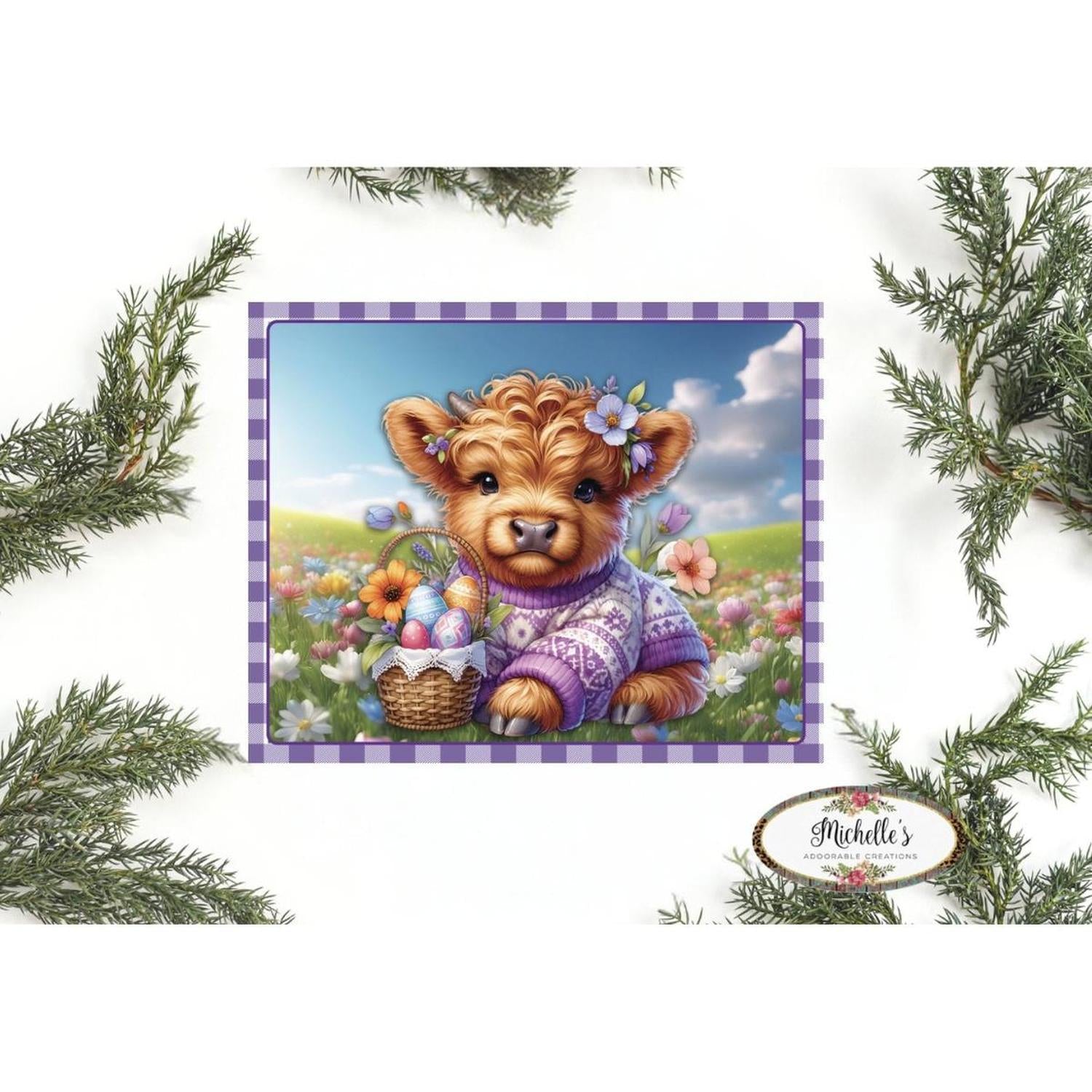 10in Waterproof Sign: Spring Easter Baby Highland Cow