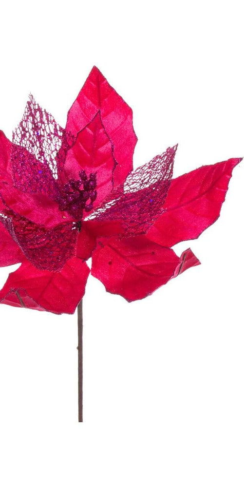 11" Hot Pink Velvet and Glitter Mesh Poinsettia Stem (Set of 6) - Michelle's aDOORable Creations - Poinsettia