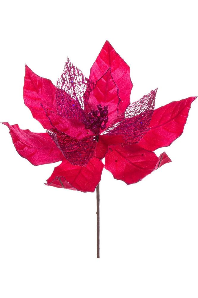 11" Hot Pink Velvet and Glitter Mesh Poinsettia Stem (Set of 6) - Michelle's aDOORable Creations - Poinsettia