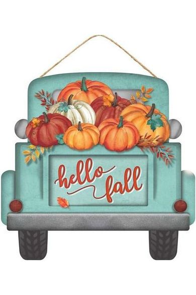 11" Wood Truck Sign: Hello Fall Pumpkins - Michelle's aDOORable Creations - Wooden/Metal Signs