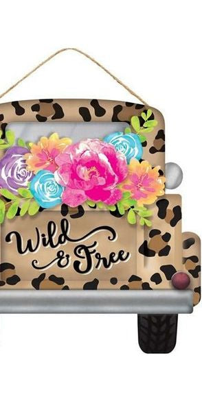 11" Wood Truck Sign: Wild and Free Leopard - Michelle's aDOORable Creations - Wooden/Metal Signs