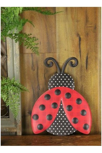 12" Metal Embossed Ladybug Hanger: Polka Dot/Plaid - Michelle's aDOORable Creations - Wooden/Metal Signs