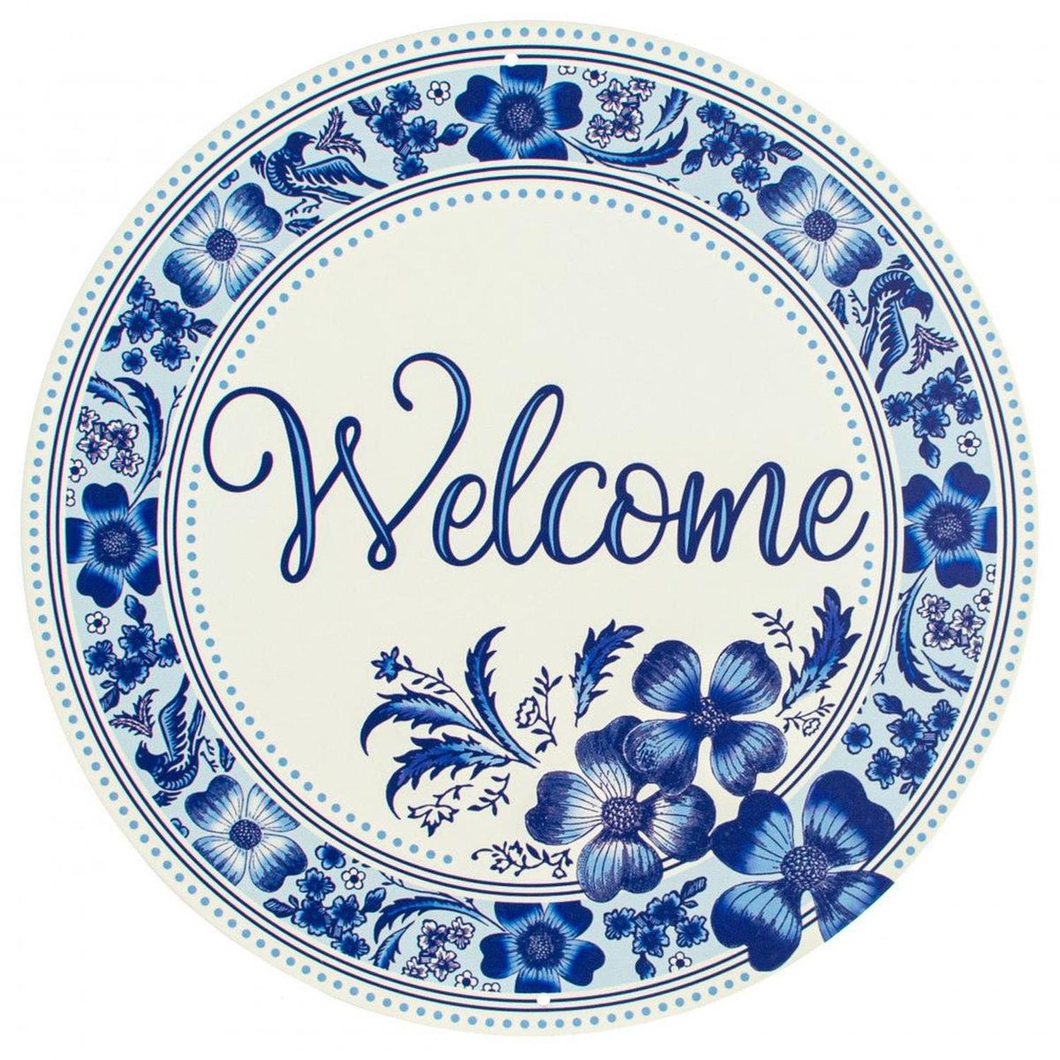 12" Metal Round Sign: Welcome Blue Floral