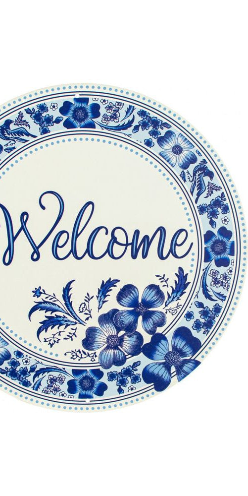 12" Metal Round Sign: Welcome Blue Floral - Michelle's aDOORable Creations - Wooden/Metal Signs