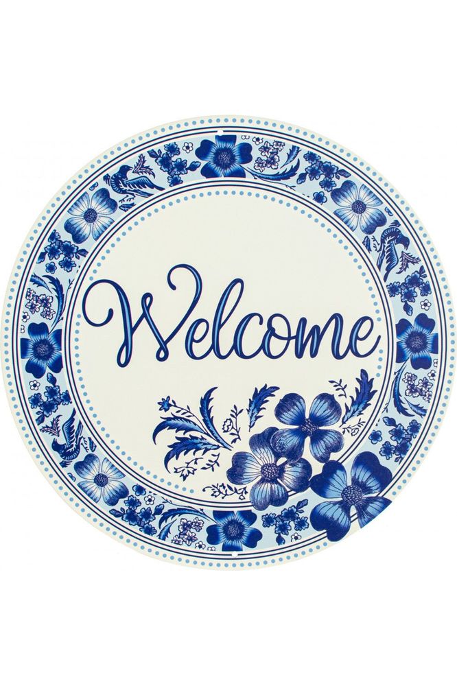 12" Metal Round Sign: Welcome Blue Floral - Michelle's aDOORable Creations - Wooden/Metal Signs