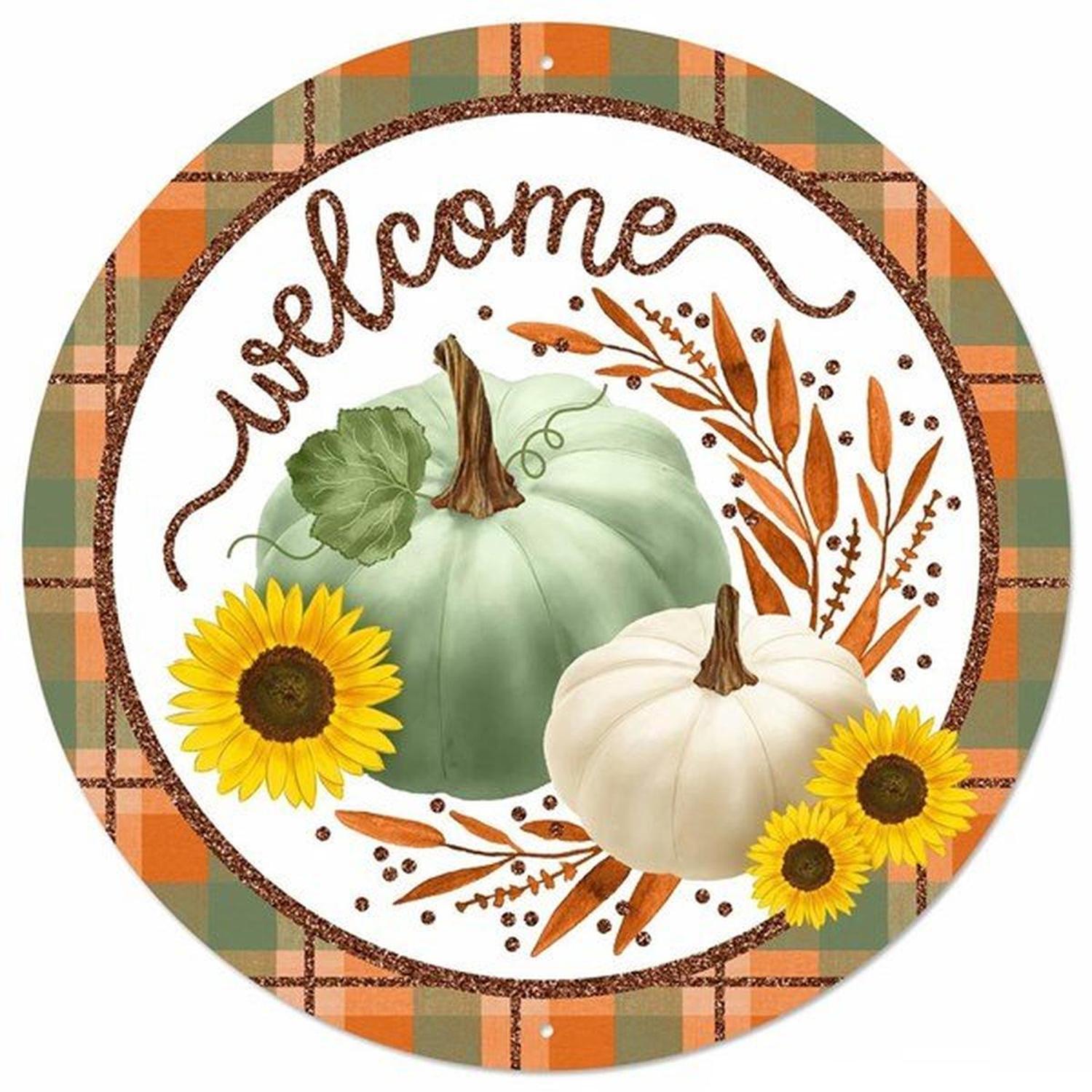 12" Metal Sign: Glitter Welcome Pumpkins Sage