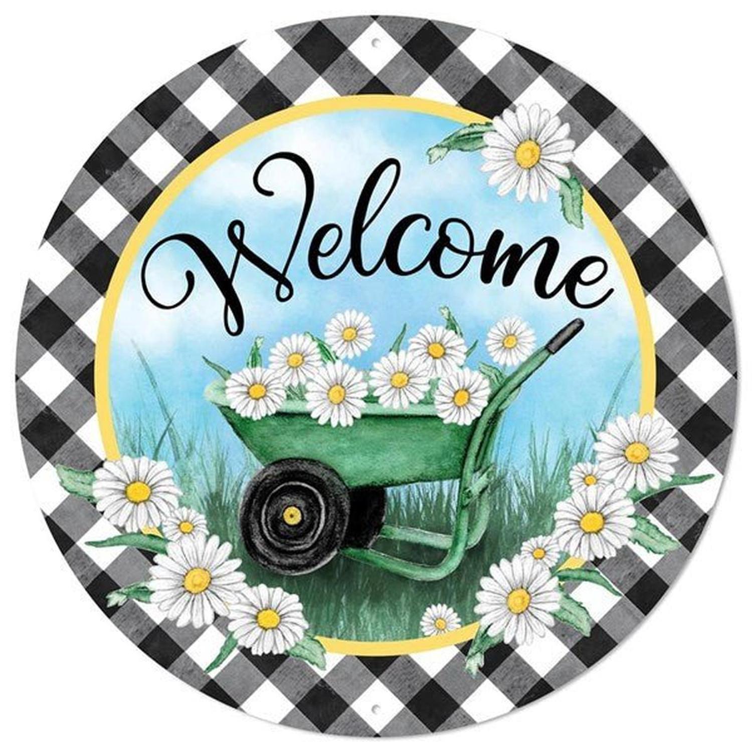 12" Metal Sign: Welcome Wheelbarrow